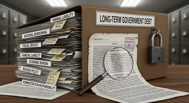 Sovereign long term government debt file concept representing national borrowing fiscal deficit financial liability within the global economy and public treasury budget management.