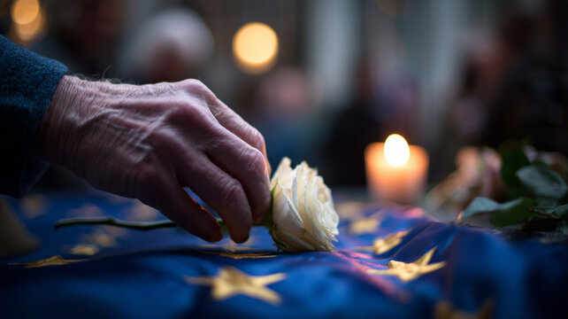 A low angle perspective captures a person's hands placing a single white rose onto a blue cloth. the cloth has gold star designs, resembling a flag. the hands are detailed. Ai generat
