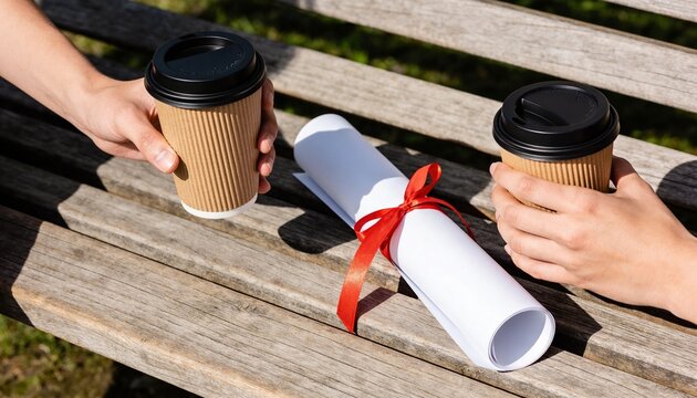 Two graduates holding coffee cups on a wooden bench with a diploma. Graduation celebration concept