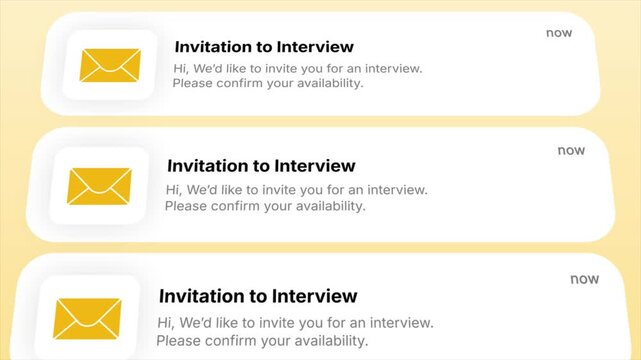 Invitation to Interview email notifications repeat continuously in an animated sequence. Representing recruitment, hiring process, job offers, and digital communication in a modern interface.