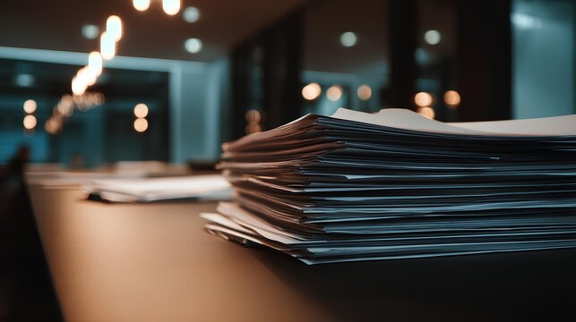 Pile of Documents: A close-up shot of stacked documents on a desk. The papers are meticulously organized.