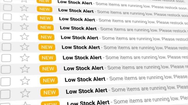 Low Stock Alert Email Notifications Filling Inbox. Representing inventory management, supply shortages, retail alerts, and automated business notifications.