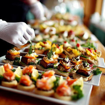 Catering server placing gourmet appetizers on platters for event with catering, appetizers