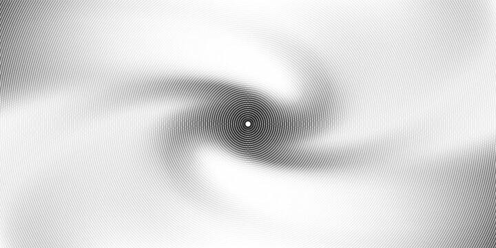 Black concentric circle texture. Radial geometric pattern background. Linear epicenter, radar, target concept. Round rippled halftone ring wallpaper for brochure, template, poster, overlay. Vector