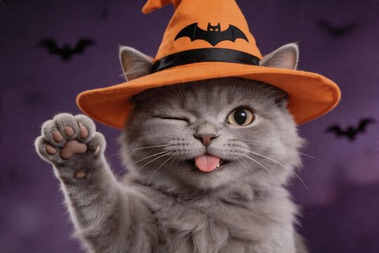 Gray cat wears orange witch hat with bat design.