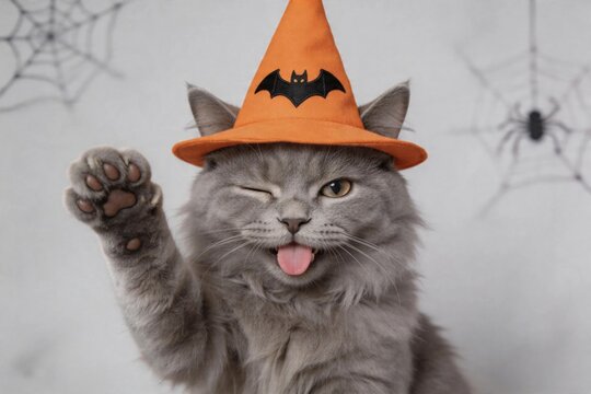 Gray cat wears orange witch hat with bat design.