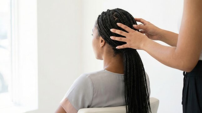 Woman with long black box braids being styled. Hands of a stylist touching braided hair. African American hair care and beauty routine in a bright salon setting