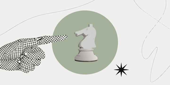 A pointing hand directs attention towards a white chess knight figure