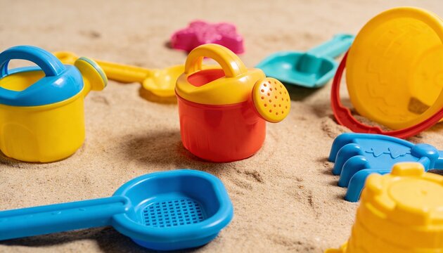 Close up of colorful plastic sand toys on a beach. Red and yellow watering cans with shovel and rake.