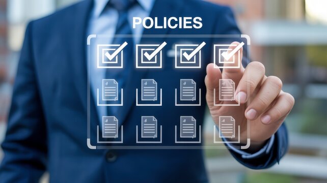 A person selecting a policy option on a digital interface with multiple document icons and checkmarks isolated on white background
