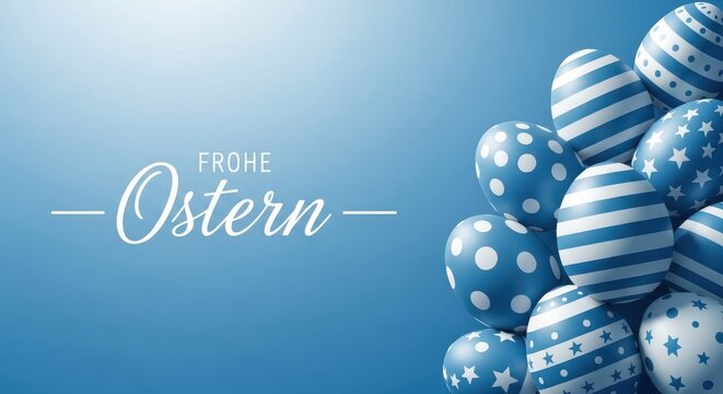 Happy easter greeting card with blue patterned eggs on a blue background