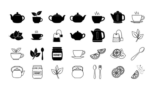 Tea icon set vector with teapot cup kettle and tea accessories isolated on white background