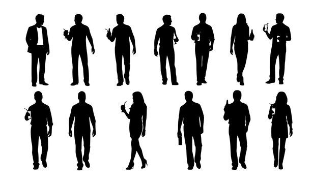 People drinking silhouette icon set with grunge style social figures isolated on white background