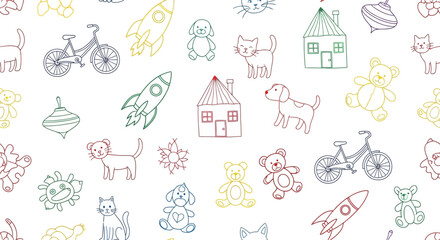 Obraz premium colorful hand-drawn seamless pattern of childrens toys and animal outlines on a white background for kids design.