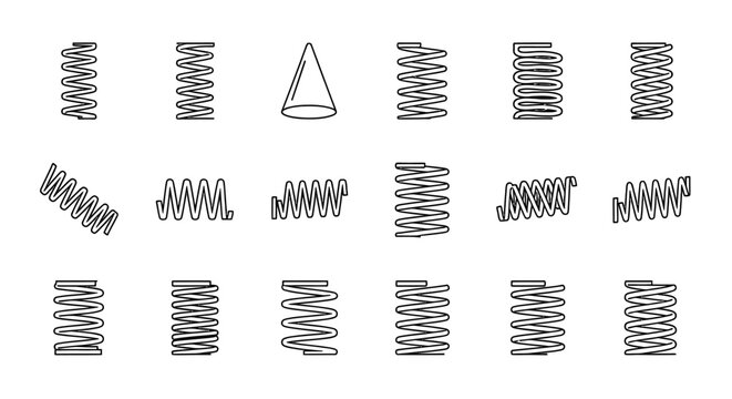 various mechanical spring coil designs and helical compression springs perfect for engineering icons and industrial design elements.