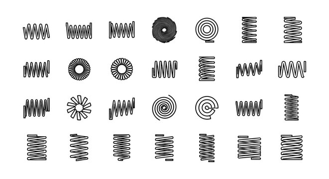 various spring coil icons and spiral designs illustrating flexible mechanical components and elasticity for engineering concepts.