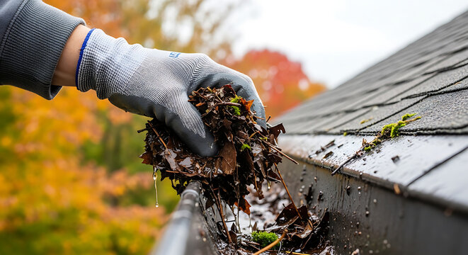 Person wearing gray protective glove cleaning messy roof gutter clogged with soggy autumn leaves and organic debris during house maintenance and fall seasonal drainage system preservation.