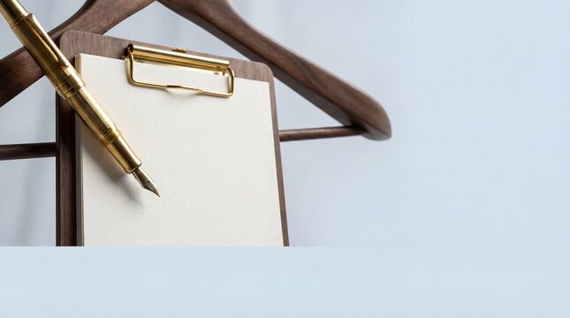 Gold fountain pen on wooden clipboard with hanger for medical records