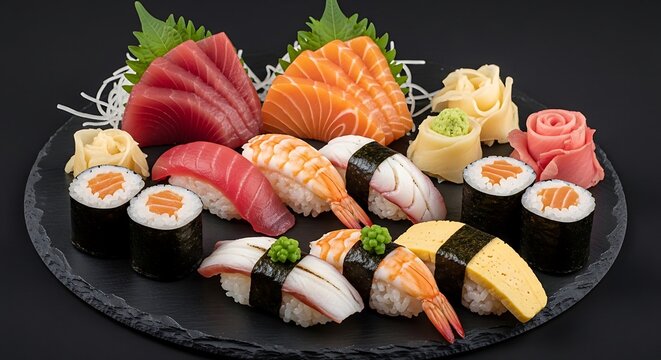 Assorted Japanese Sushi and Sashimi Platter on Black Slate Background