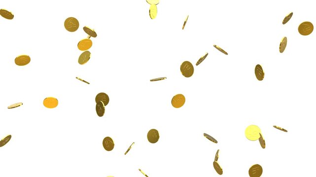 Indian rupees coins rain with Alpha Channel. Gold Coins Exploding Isolated on white Screen 3D. Gold Realistic 3D rupee coins exploding loop white background. 4k gold coins falling