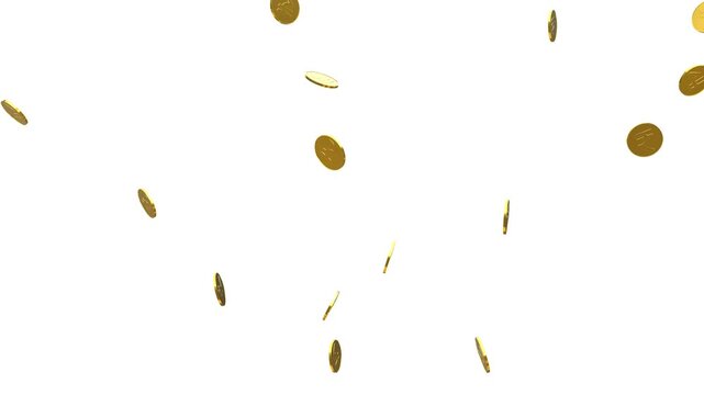 Indian rupees coins rain with Alpha Channel. Gold Coins Exploding Isolated on white Screen 3D. Gold Realistic 3D rupee coins exploding loop white background. 4k gold coins falling