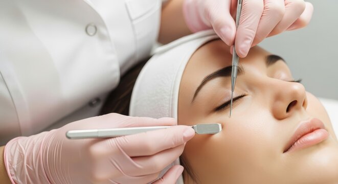Professional aesthetician performing dermaplaning facial treatment on a young womans skin in a beauty clinic
