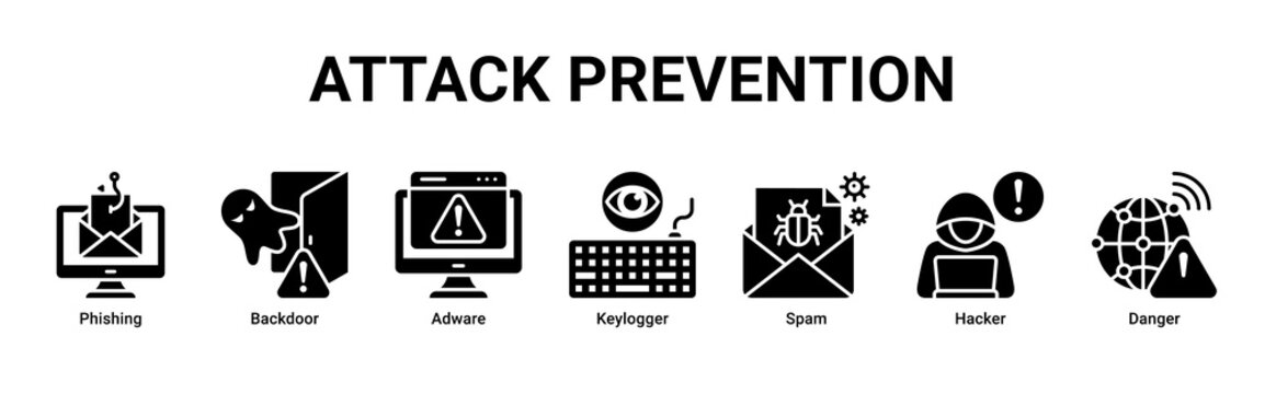 Attack Prevention web banner icon vector illustration with icons of Phishing,Backdoor,Adware,Keylogger,Spam,Hacker and Danger