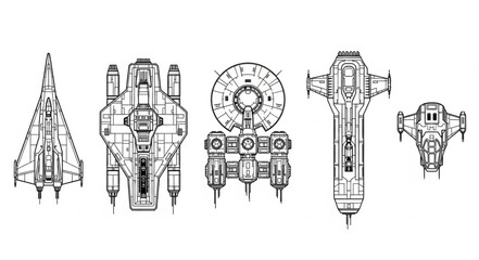 Collection of futuristic spacecraft designs in black and white sketch style. © Naya