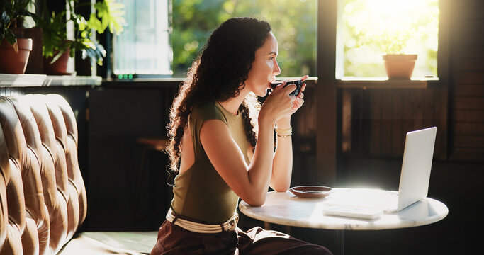 Laptop, coffee and woman in cafe with freelance career for restaurant review on dining blog. Technology, warm beverage and female hospitality critic with computer for article with diner website.