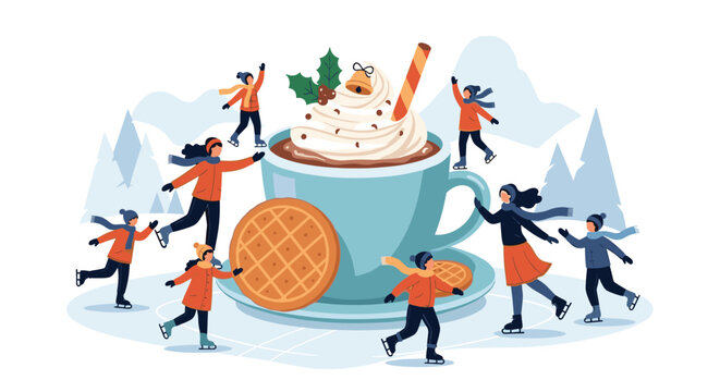 Whimsical scene of tiny people ice skating around a giant mug of hot chocolate topped with cream and waffles in a winter wonderland.