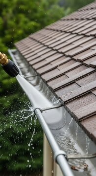 White gutter on brown tiled roof being cleaned with water spray