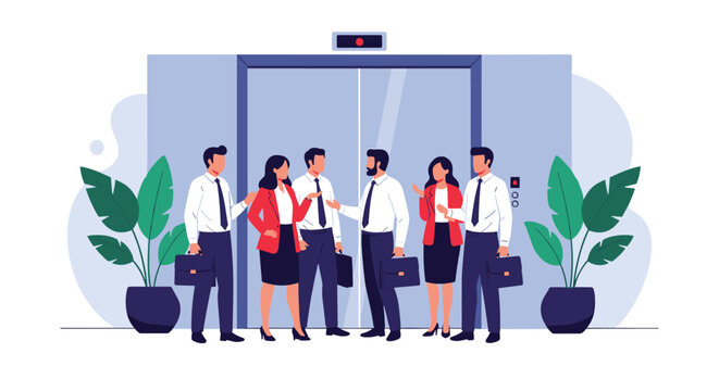 Group of business professionals in formal attire standing and talking in a modern office hallway in front of closed elevator doors.