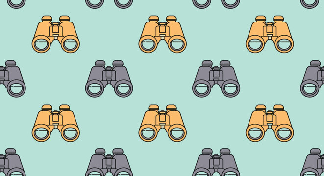 Decorative pattern of binoculars in orange and gray colors repeated across a light teal background for a nature or travel theme.