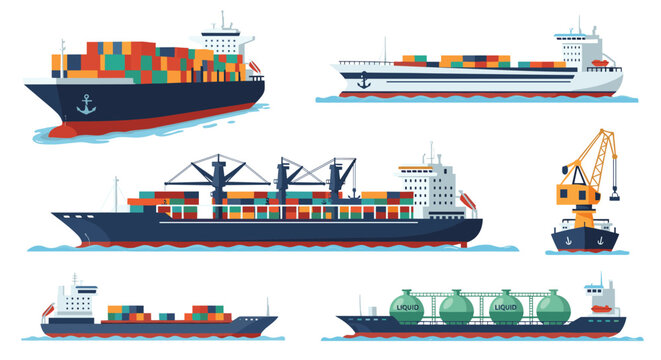 Variety of large commercial vessels including container ships an oil tanker and a port crane used for international maritime trade.