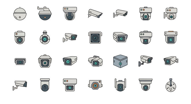 Collection of various security camera icons in a grid pattern.