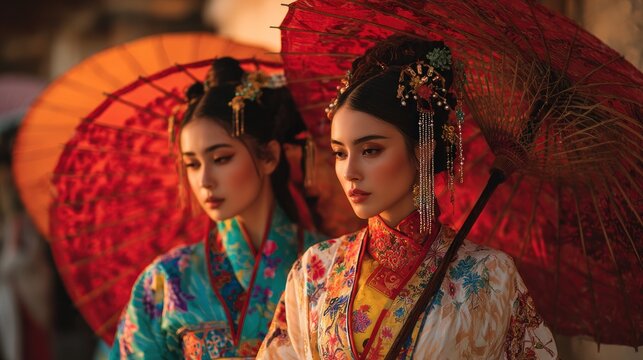 Elegance in tradition: Two women adorned in hanfu with parasols of distinction
