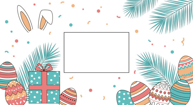Festive Easter card template with bunny ears colorful decorated eggs and a polka dot gift box framed by green palm leaves.