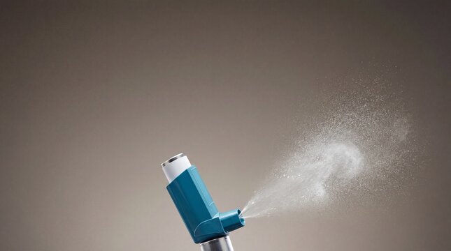 Medical inhaler spraying mist for asthma relief on a studio background
