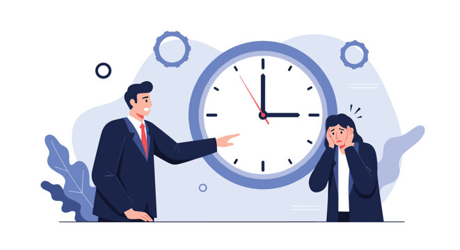 Strict boss pointing at a large clock on the wall while a stressed female employee covers her face due to a looming work deadline pressure.