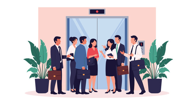 Group of diverse business professionals in formal attire standing and talking while waiting for an elevator in a modern office lobby.