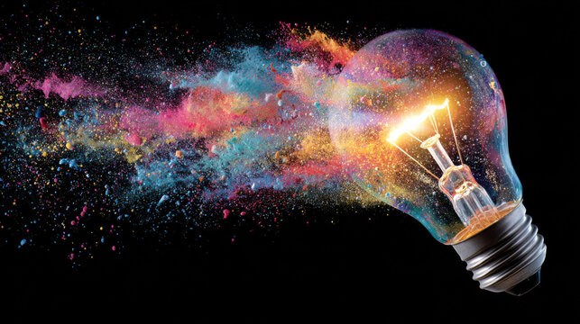 Light bulb exploding with colorful powder creating idea concept