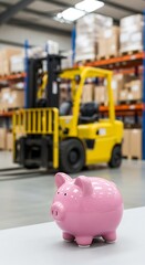 Obraz premium Pink piggy bank in an industrial warehouse with yellow forklift in background