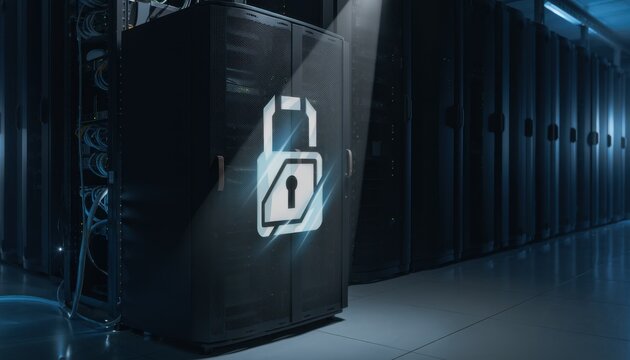 Secure Server Rack with Glowing Lock Icon in Dark Data Center