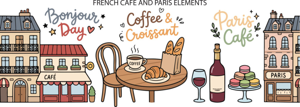 French Cafe Paris Coffee and Bakery Food, Illustration Doodle Cartoon Collection