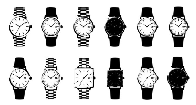Modern and vintage wristwatch set with silver gold and leather straps men and women watch collection vector on white