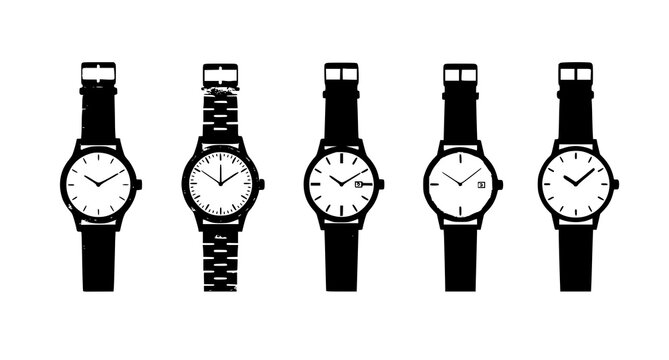 Minimal wristwatch set modern and vintage styles with gold silver and leather straps flat vector on white background