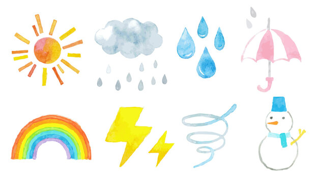 水彩手描きのかわいい天気アイコンセット｜晴れ・曇り・雨・雷・雪・台風・虹・傘・雲
