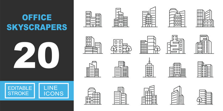 Office Skyscrapers line icon set. Exclusive Office Skyscrapers line icon collection. Containing building, tower, skyscraper, office, city, architecture, downtown, apartment, urban. Editable stroke.