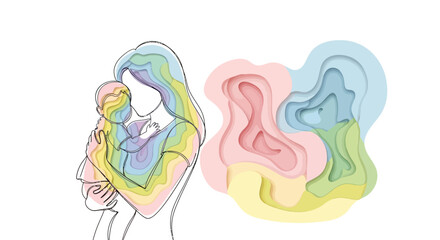 Fototapeta premium Continuous line drawing of a mother holding her baby with colorful abstract layered paper cut shapes, conceptual art representing maternal love and bonding