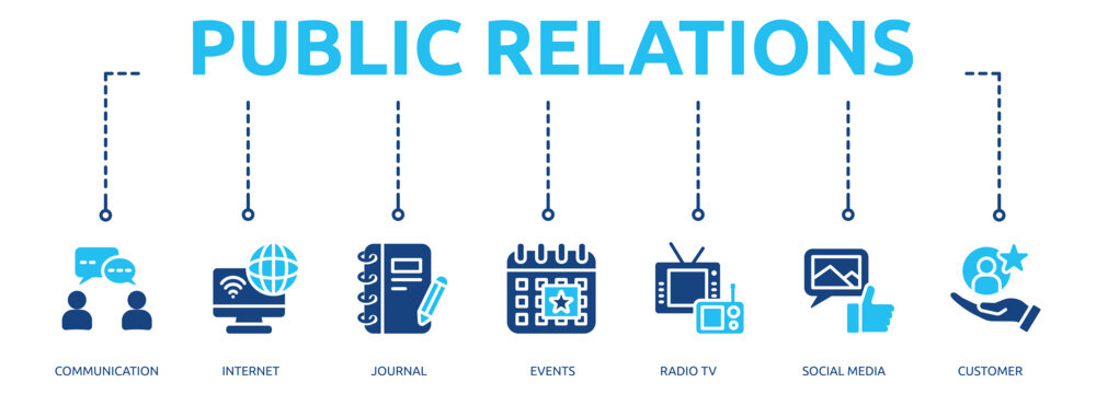 public relations glyph banner icon of communication, internet, journal, events, radio tv, social media, customer